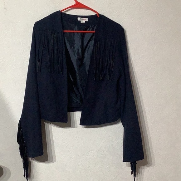 JustFab - Sz M - lightweight faux suede Navy Fringe Jacket with side pockets - Picture 2 of 9